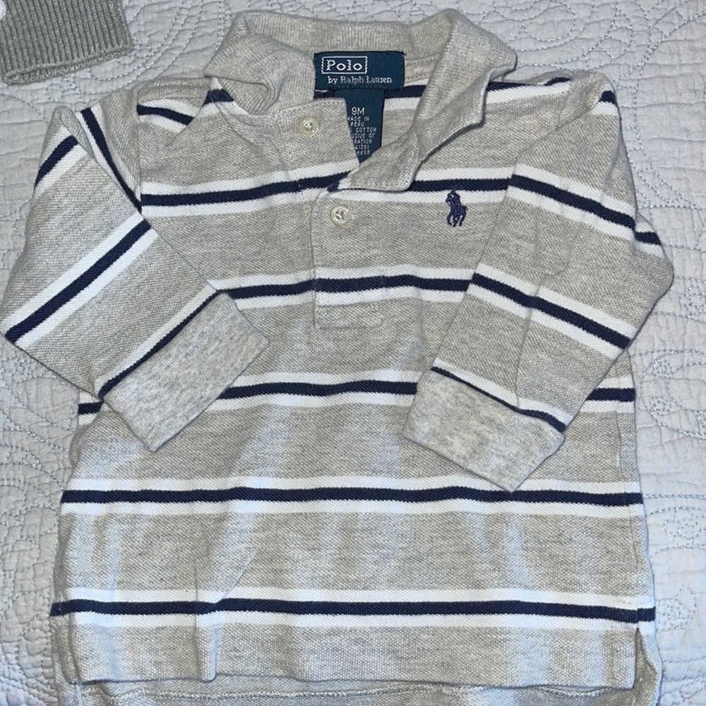 Polo by Ralph Lauren 9 months long sleeve gray, navy and white stripe polo.